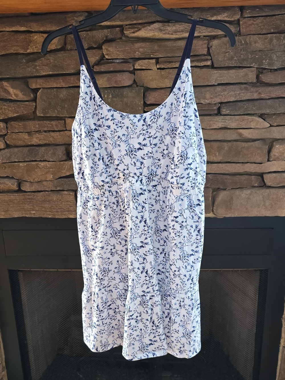 Cacique White Slip with Blue Floral Print and Navy Straps Night Gown